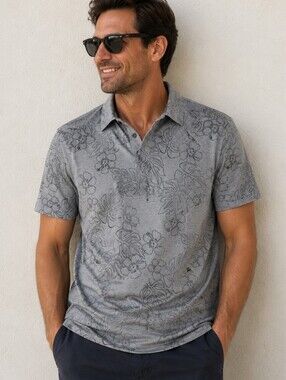 Reyn Spooner Performance Polo Shirt Mens 2XL Gray Hibiscus Floral Stretch Golf